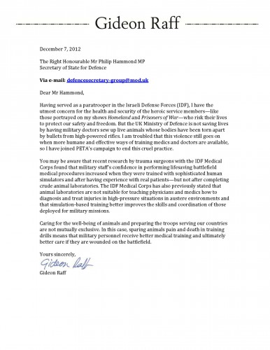 Gideon Raff PETA Letter