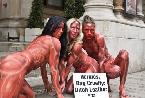 Skinned protesters outside Hermes leather exhibition