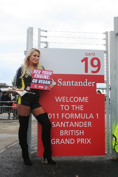 Victoria Eisermann at Silverstone handing out vegan sausages