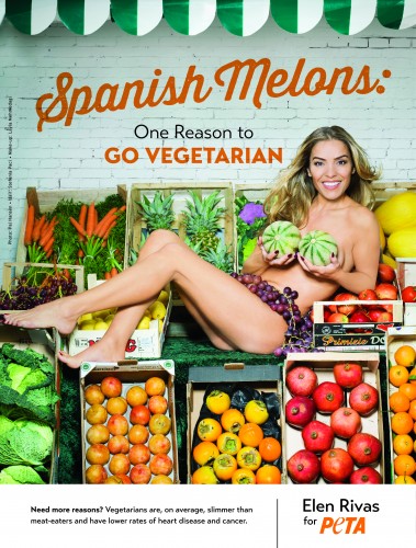 Model poses naked on fruit stand to spread vegetarian message