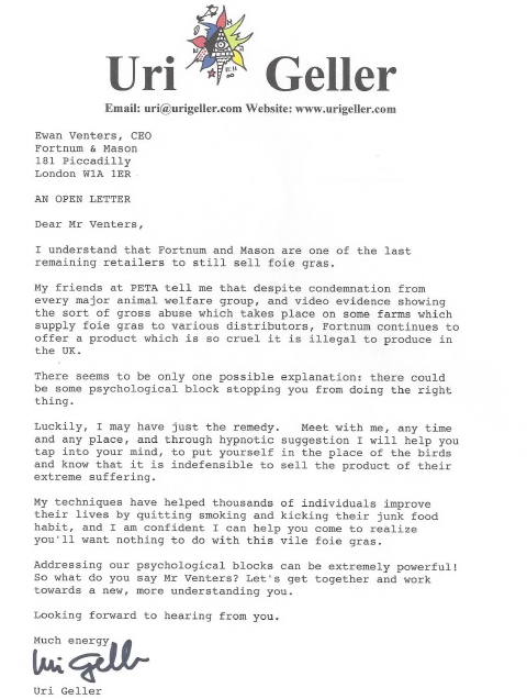 Uri Geller letter