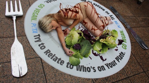 Sexiest vegan lady gets almost naked for PETA event