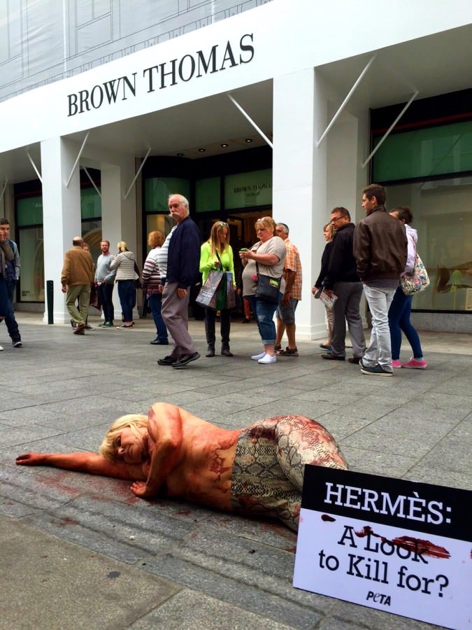 Activist painted to look like reptile protests on Grafton Street for PETA