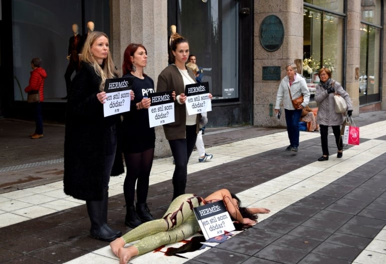 PETA protest outside Hermes in Stockholm, Sweden over alligator and crocodile cruelty