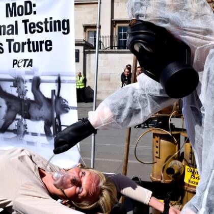 Ingrid Newkirk in Trafalgar Square protest against monkey experiments