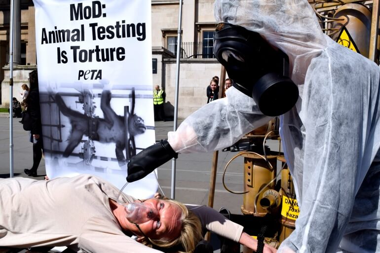 Ingrid Newkirk in Trafalgar Square protest against monkey experiments