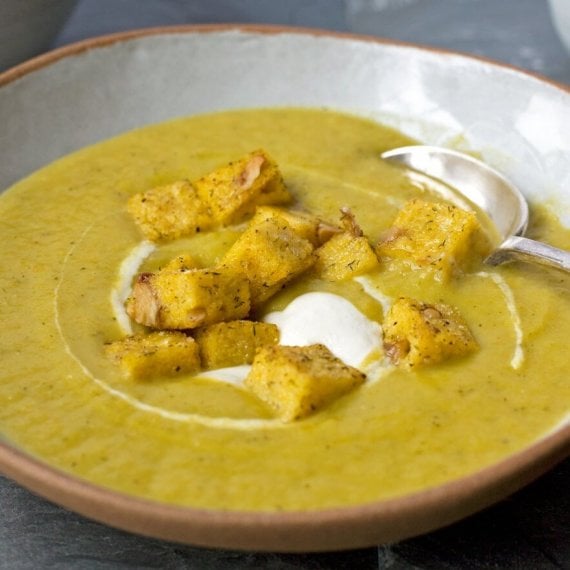 Creamy Leek and Potato Soup with Polenta and Walnut Croutons