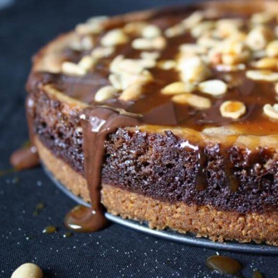 Baked Chocolate, Peanut, and Caramel Cheesecake