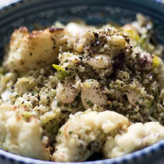 Leek, Butter Bean, and Roasted Cauliflower Freekeh Salad