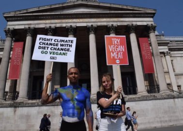 Body-Painted PETA Supporter Calls On Londoners to Go Vegan to Fight Climate Crisis