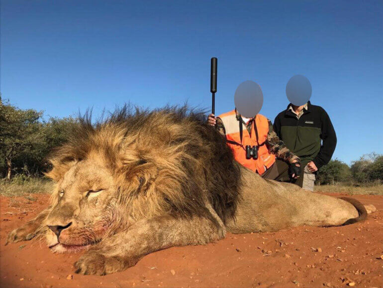 Image shows hunter posing with lion