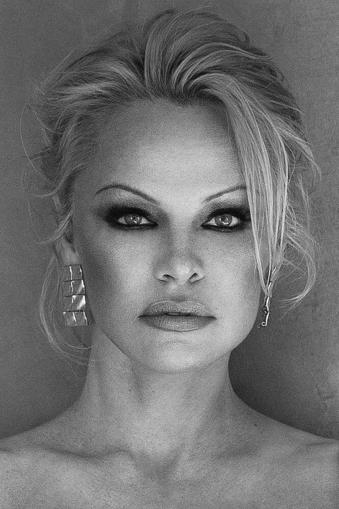 Black and white photo of Pamela Anderson