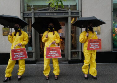PETA US Protesters in Heels and Hazmat Suits Call On Hermès to Ban Exotic Skins