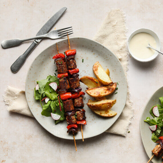 Vegan Sausage Skewers with Potato Wedges