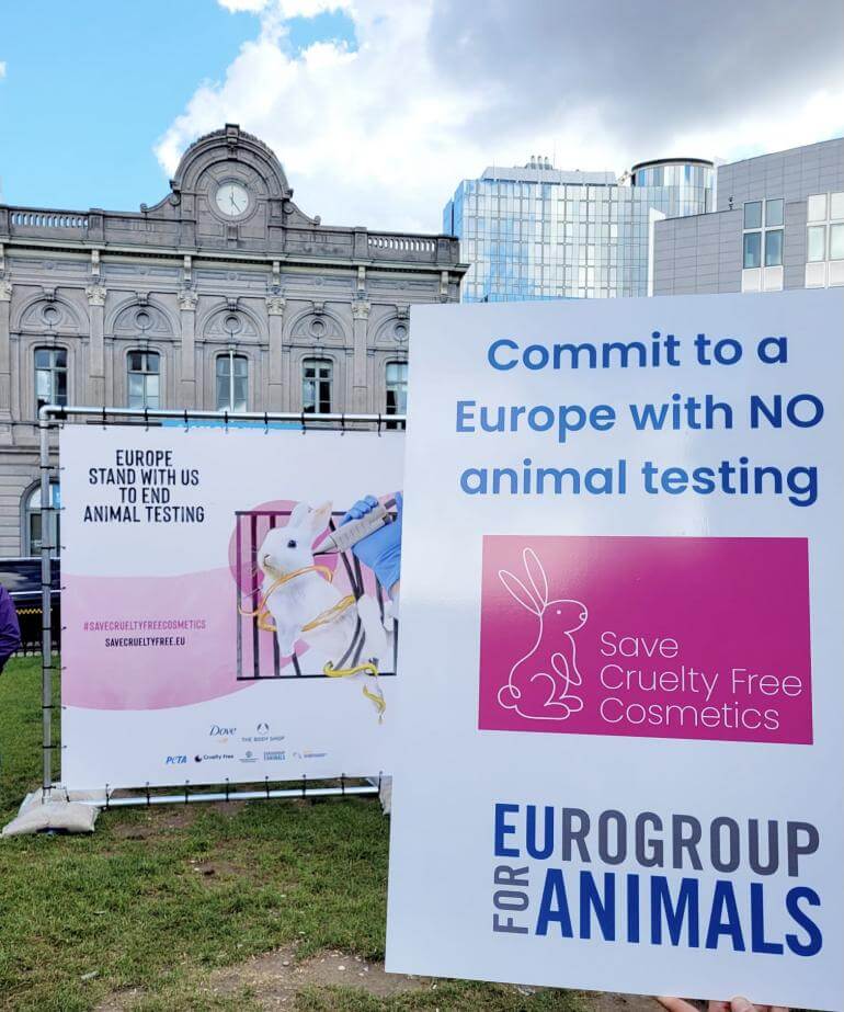 Image shows Save Cruelty-Free Cosmetics banner at event in Brussels