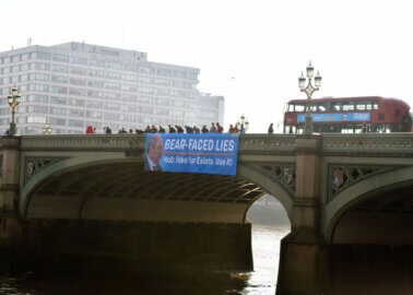 PETA Calls Out Defence Secretary’s ‘Bear-Faced Lies’ With Massive Westminster Bridge Banner