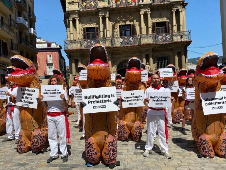 PETA Pamplona 2022 Running of the Bulls San Fermin Dinosaurs Protest