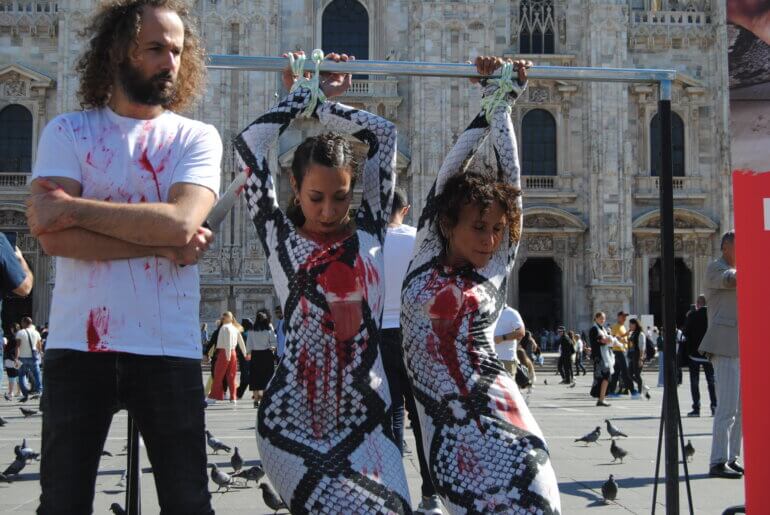 Milan Fashion Week PETA Protest Demo Snake Skin 2022 3