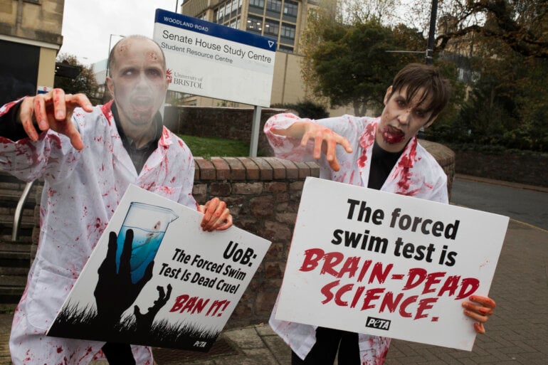 Zombie Demo Photo 3 PETA Bristol Experiments Halloween 2022 PETA’s Protesters Urge University of Bristol to Ban Near-Drowning Test