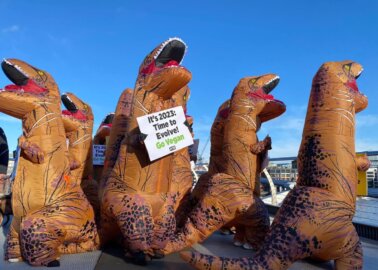 PETA’s ‘Dinosaurs’ Call On Londoners to Go Vegan in 2023