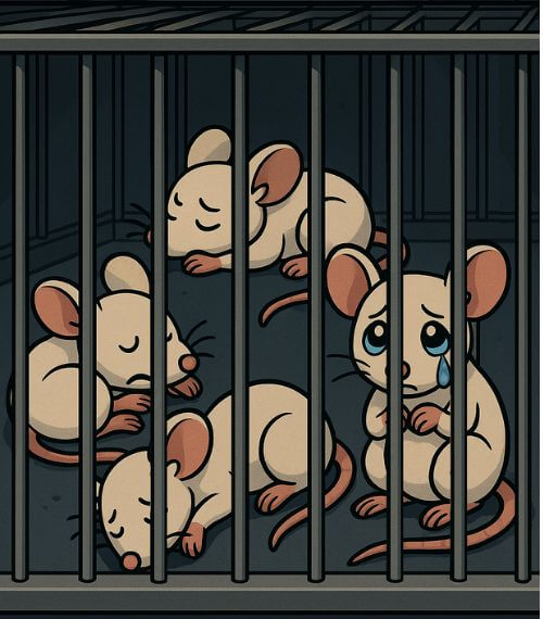 An AI illustration of mice crying in a cage