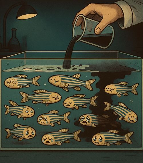 An AI illustration of a hand pouring chemicals in a fish tank during an animal experiment