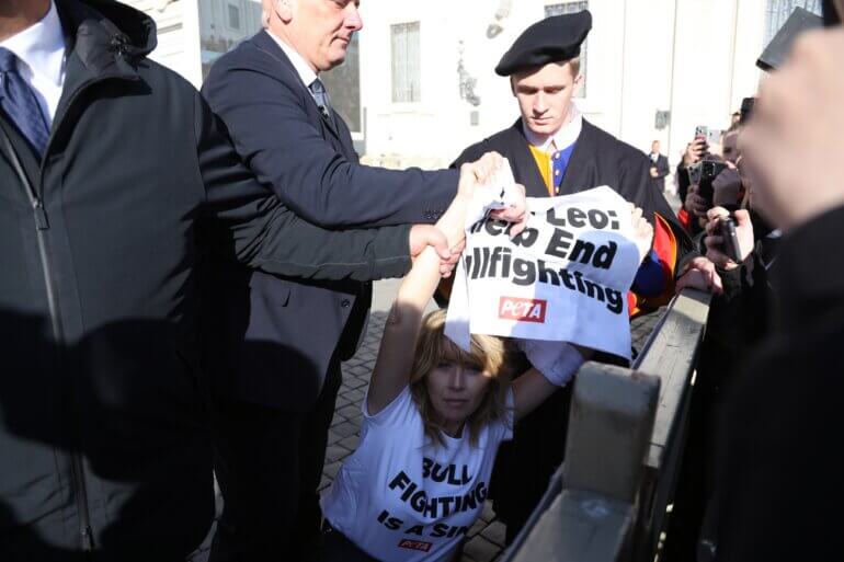 Actor and PETA supporter Loredana Cannata protesting bullfighting at the Vatican