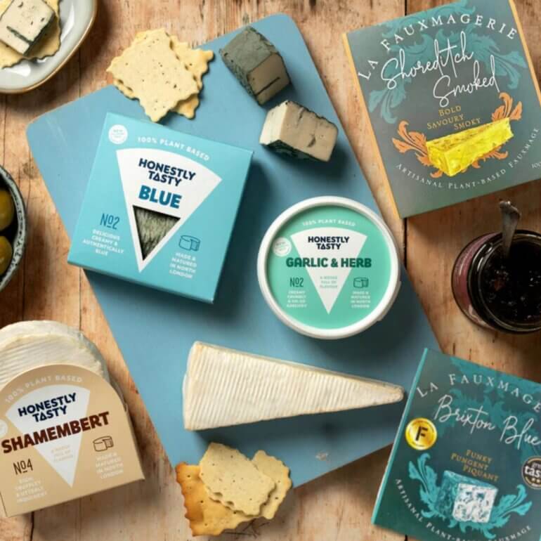 A dairy-free artisan cheese selection from Honestly Tasty, also featuring La Fauxmagerie