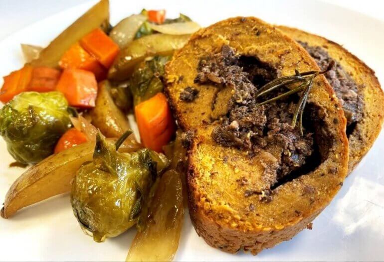 A vegan Thanksgiving turkey made with seitan