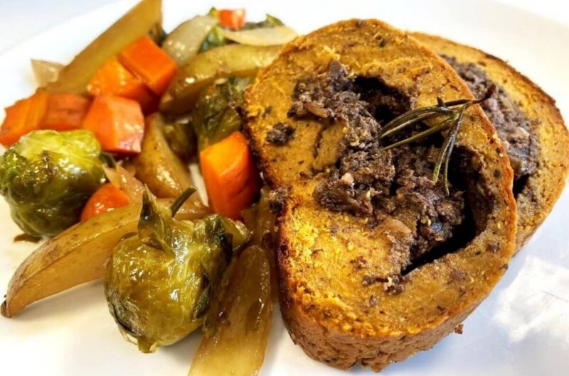 A vegan Thanksgiving turkey made with seitan