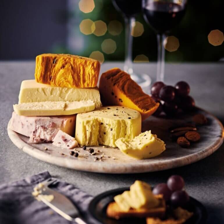 A vegan cheese platter from UK supermarket Aldi on a white plate