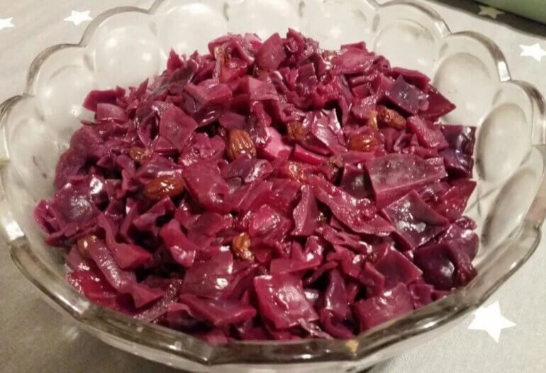 A glass container of boozy red cabbage