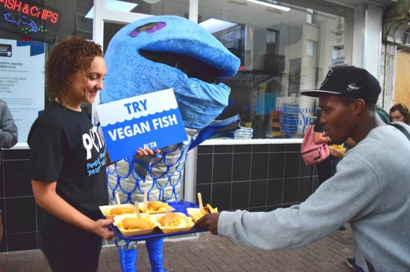 PETA's action team giving out free vegan food