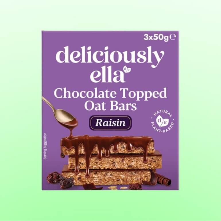 A packet of Deliciously Ella Chocolate Topped Oat Bars