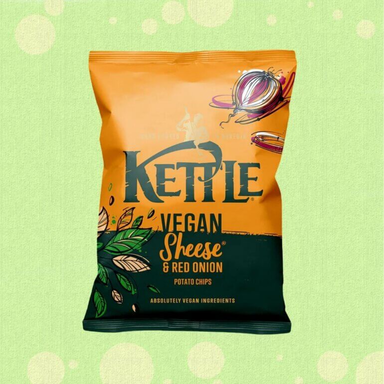 A packet of vegan cheese and onion kettle chips