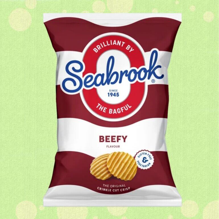 A packet of Seabrook vegan crisps in Beefy flavour
