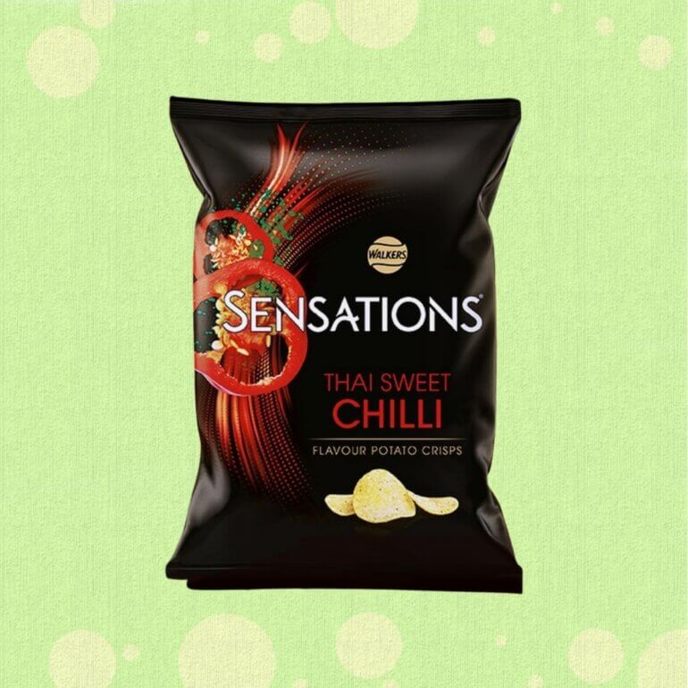 A packet of vegan Thai Sweet Chilli Sensations in front of a green background