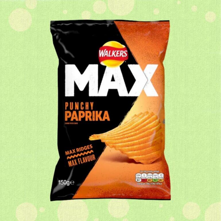 A packet of Walkers Max Paprika crisps, which are suitable for vegans