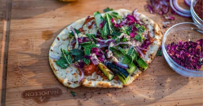A grilled cucumber flatbread