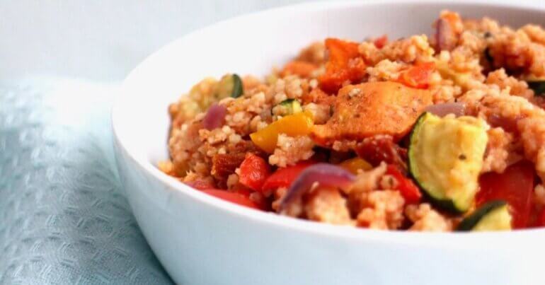 A bowl of vegan vegetable cous cous, an easy vegan recipe