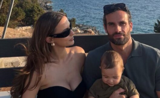 Lucy Watson with her husband James Dunmore and their vegan son Willoughby posing by the sea
