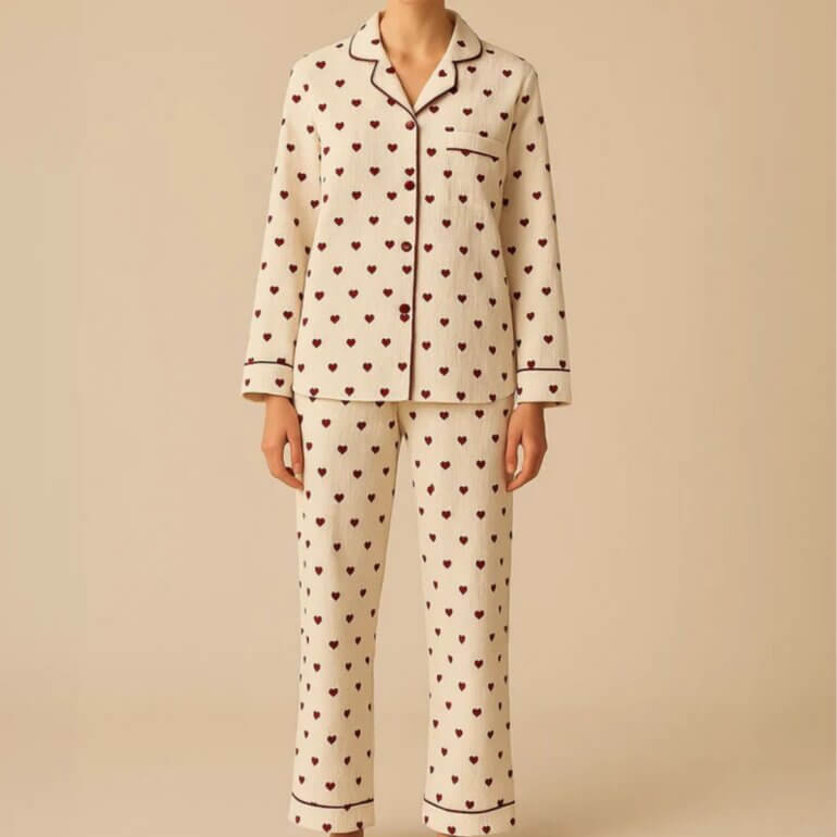 A model wearing a heart print pyjama set