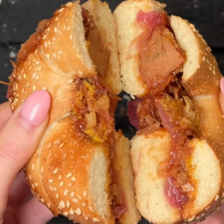 A jackfruit bagel from Bagel Factory