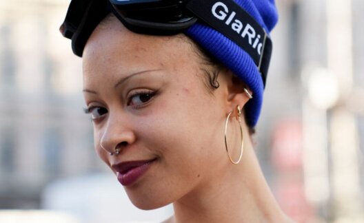 A close-up of an activist who protested at the Winter Olympics