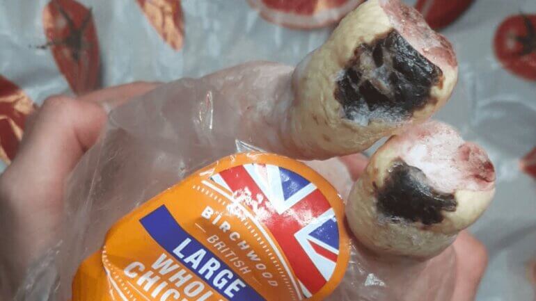 A close up of a chicken in a UK supermarket with hock burns