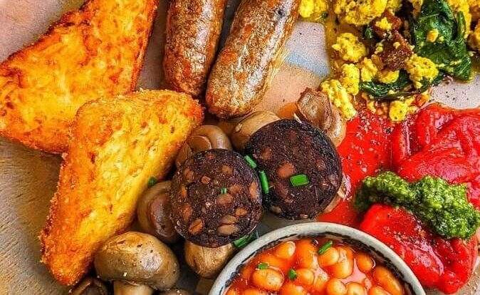 A vegan English breakfast at plant-based hotel Beck Hall