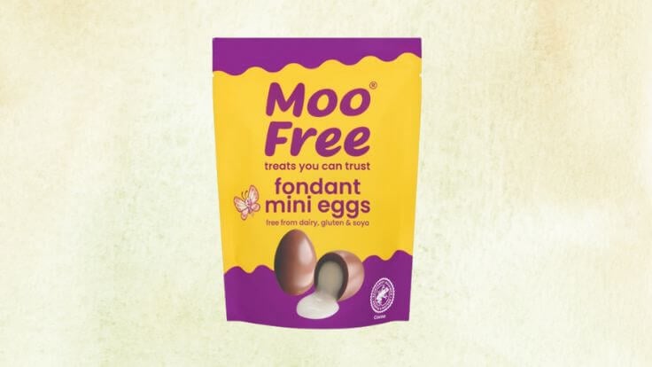 A packet of Moo Free mini eggs from Sainsbury's in front of a white background