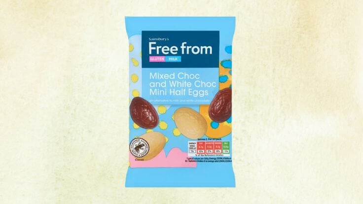 A packet of mixed choc and white choc mini eggs from Sainsbury's in front of a white background