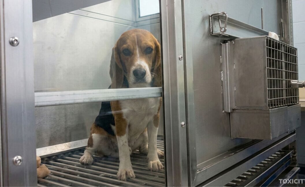 A beagle in an animal testing laboratory in the UK