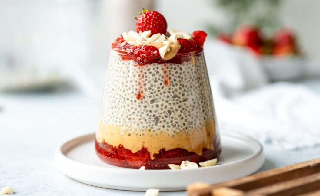 A vegan peanut butter and jelly chia pudding